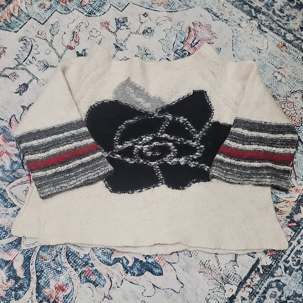Free People Women's Cream Sweater with Black Floral Design